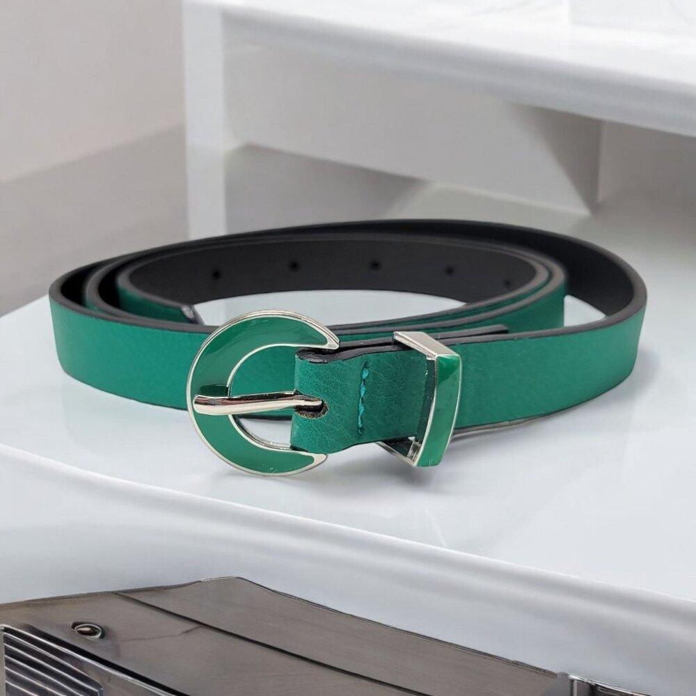 Kenneth Cole Reaction Green Leather Skinny Belt With Silver Enamel Buckle Fits 3